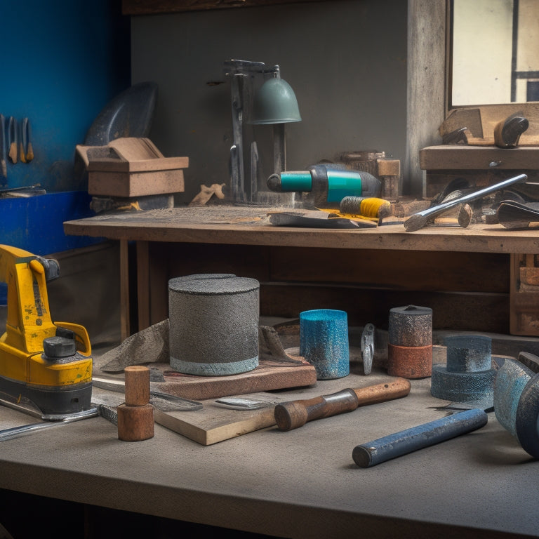 A cluttered workshop table with various hand tools scattered around a partially finished concrete block, including a jointer, edger, grinder, trowel, and float, with a blurred background of construction equipment.