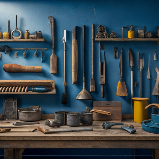 An image of a well-organized workshop with a variety of concrete wall finishing tools - trowels, floats, and edgers - arranged neatly on a wooden workbench, surrounded by a freshly finished concrete wall backdrop.