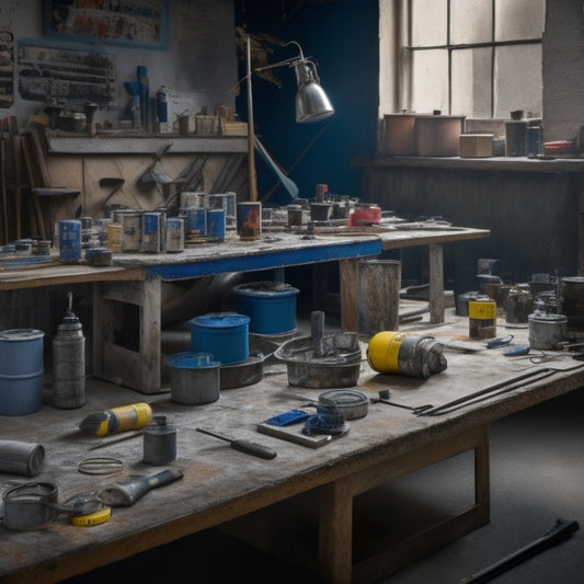 A cluttered workshop table with various concrete floor painting tools, including rollers, brushes, and spray guns, surrounded by paint cans, buckets, and measuring tapes, with a calculator in the center.