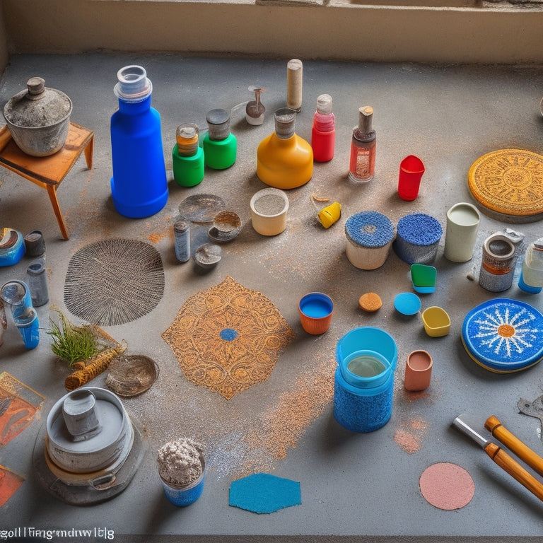 A cluttered but organized workshop table with various stencils, concrete mix, trowels, and a sprayer, surrounded by colorful, finished decorative concrete floor samples with intricate designs.