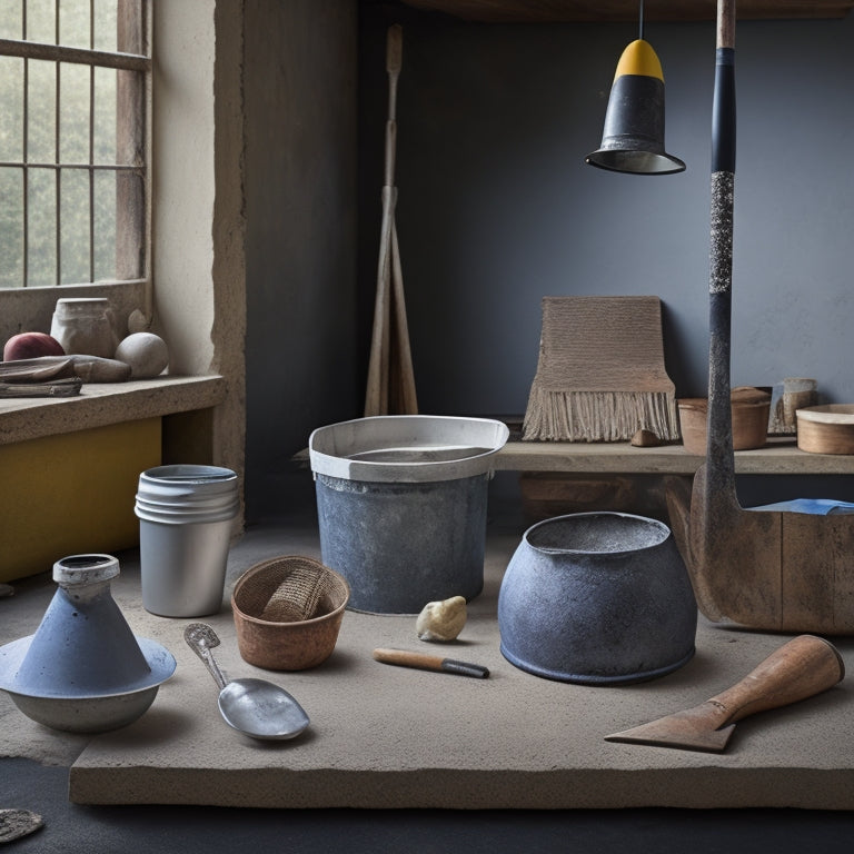 A workspace with a bucket of premixed concrete, a trowel with a worn wooden handle, a bull float with a long aluminum handle, and a edger with a curved steel blade, all arranged neatly on a clean surface.