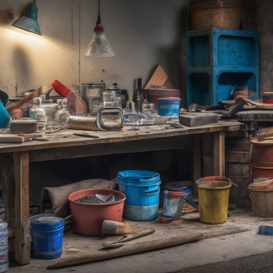 A cluttered workbench with a cracked concrete wall in the background, featuring a trowel, level, putty knife, mixing bucket, and various bags of concrete patching compounds and epoxy resins.