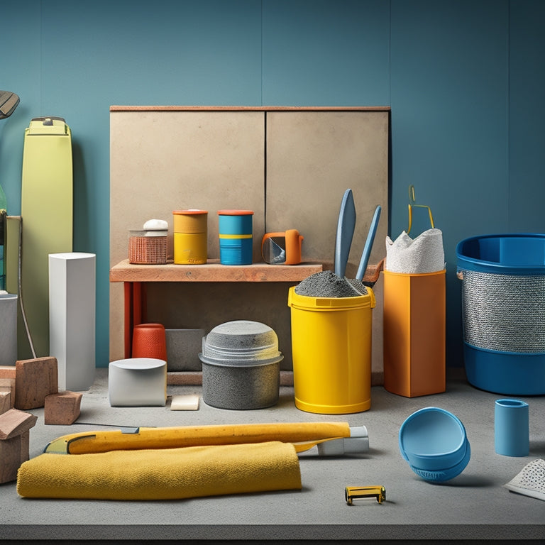 An illustration of a well-organized workspace featuring a mix of concrete blocks, a spirit level, trowel, jointer, safety goggles, and a bucket of mortar, set against a clean, gray background.