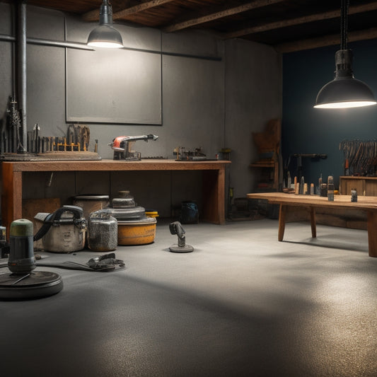 A well-lit, organized workshop background with a variety of concrete polishing tools laid out, including a grinder, polisher, and edger, alongside a partially polished concrete floor with visible scratches and reflections.