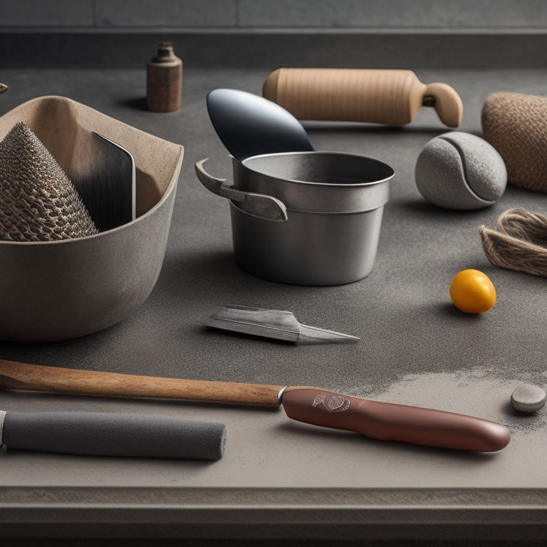 A close-up composition featuring a variety of finishing tools, including a steel trowel, bull float, and edger, arranged artfully on a smooth, gray concrete surface with subtle texture and subtle shadows.