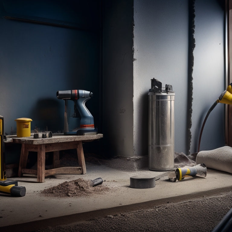 A concrete wall with a partially opened window, surrounded by tools like a hammer drill, carbide-tipped bits, and a vacuum dust collector, with dust and debris scattered around.