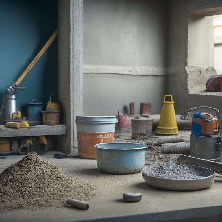 A construction site scene with a partially built concrete wall, a mixer in the background, a level and a trowel in the foreground, surrounded by scattered tools and building materials.