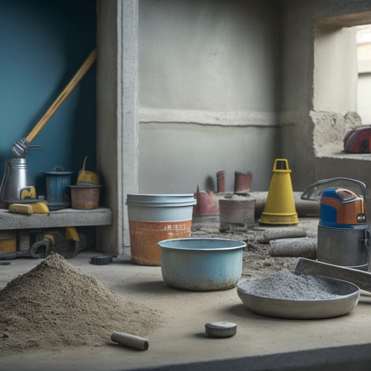 A construction site scene with a partially built concrete wall, a mixer in the background, a level and a trowel in the foreground, surrounded by scattered tools and building materials.