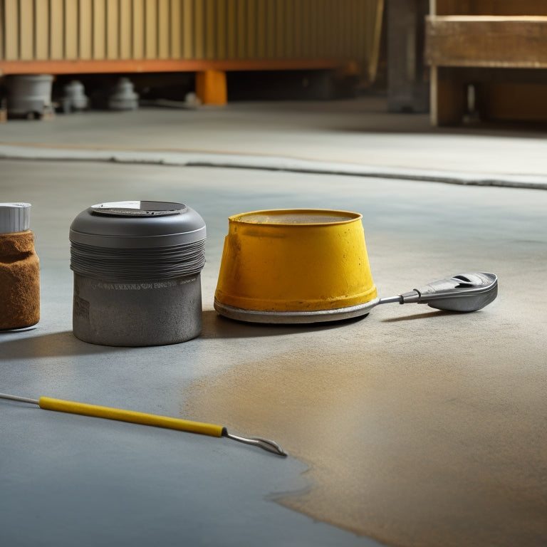 A close-up of a concrete floor's surface, with scratches, cracks, and dullness, next to a set of specialized restoration tools, including a grinder, polisher, and edger, with a subtle, blurred background of a warehouse or industrial setting.