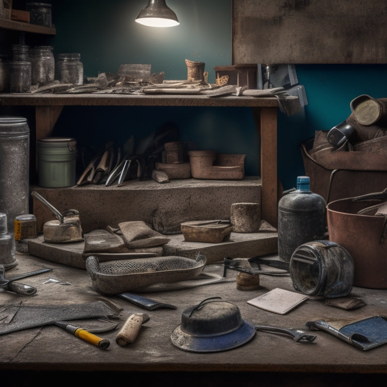 A cluttered workbench with a variety of tools and materials, including a caulk gun, concrete patching compound, trowel, putty knife, and safety goggles, surrounded by cracked concrete samples.