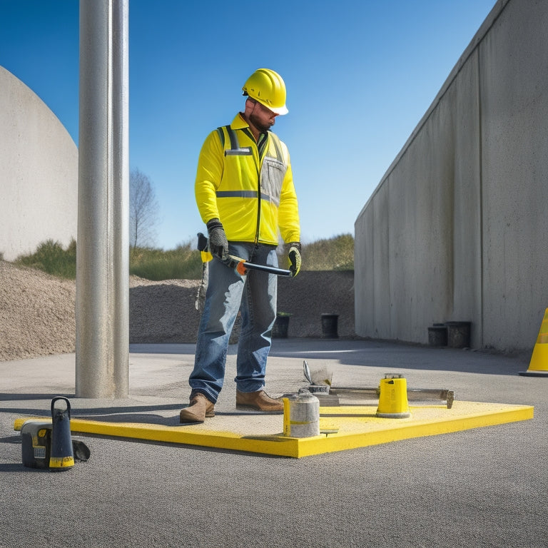 An image of a person in a yellow hard hat and vest, standing in front of a concrete slab with varying levels of elevation, surrounded by various concrete leveling tools, such as a spirit level, tamping tool, and grout pump.