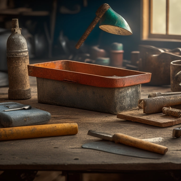 A worn, rusty concrete trowel lies on a weathered wooden workbench, surrounded by scattered used tools, with a blurred background of a construction site or workshop.