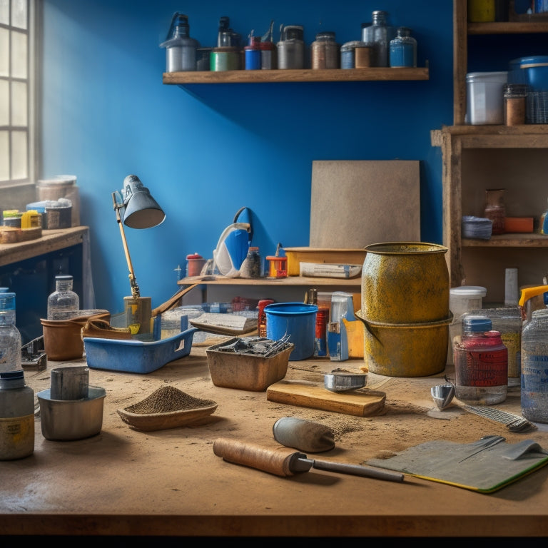 A cluttered workstation with a half-finished concrete project, surrounded by essential tools: a notched trowel, a level, a mixing bucket, a spray bottle, and a scraper, with a blurred background of a DIY workshop.