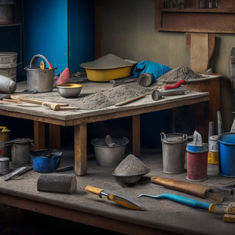 A cluttered workbench with various DIY concrete tools scattered across it, including a worn-in trowel, a bucket of mixed concrete, a level, a mixing stick, and a few scattered aggregate materials.