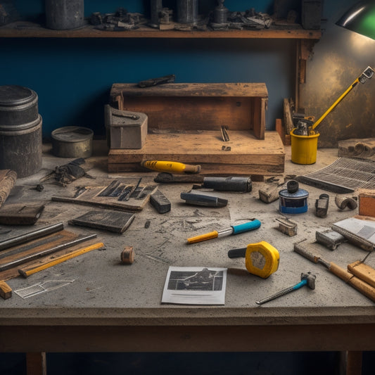 A cluttered workshop table with various measuring and inspection tools scattered around, including a concrete test hammer, a rebound hammer, a Schmidt hammer, a concrete scanner, and a level, amidst scattered blueprints and concrete samples.