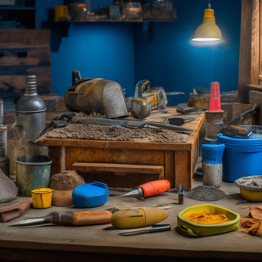 A cluttered workbench with a variety of DIY concrete repair tools, including a cordless drill, mixing bucket, trowel, putty knife, and safety goggles, surrounded by concrete fragments and dusty patches.