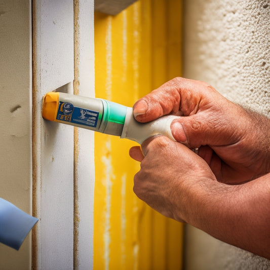 A close-up of a worker's hands holding a caulk gun and applying a bead of sealant to a concrete block wall, with a level and notched trowel in the background.