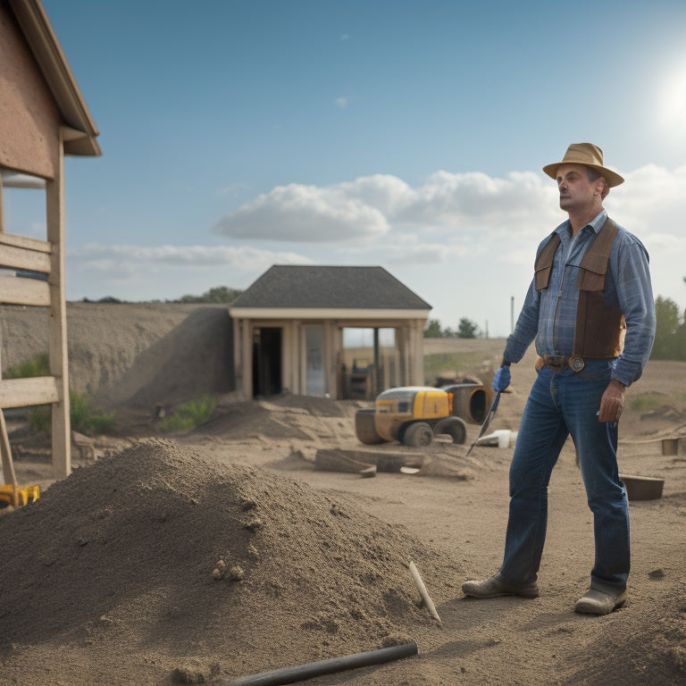 An image depicting a homeowner standing in a excavated site, surrounded by building tools and materials, with a partially laid concrete foundation in the background, and a subtle hint of a dream home rising above.