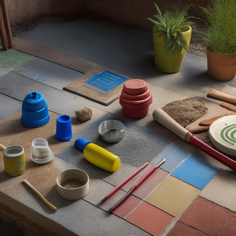 A photograph of a well-organised workspace with various stamped concrete tools laid out, including a tamper, trowel, and stamp mats, alongside a partially completed stamped concrete patio with vibrant colours.