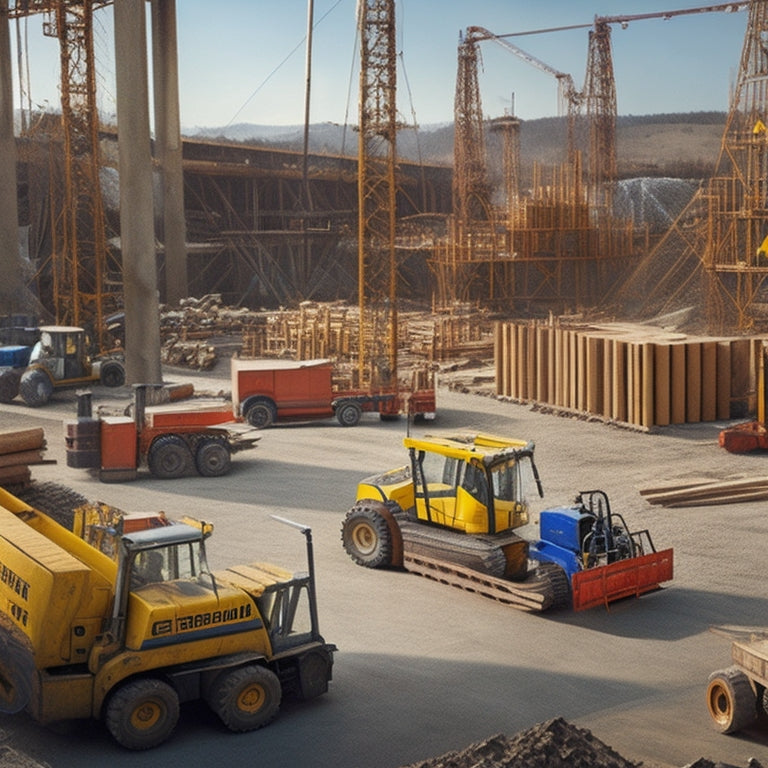 A bustling construction site with neatly arranged rows of tools and equipment, including a forklift, crane, and concrete mixer, surrounded by tidy stacks of lumber and metal beams.