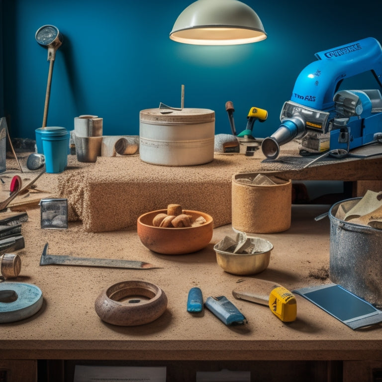 A cluttered workspace with a concrete mixer, trowel, level, and various measuring tools scattered around a partially poured concrete slab, with a DIY project blueprint pinned to a corkboard in the background.