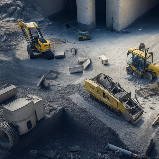 A dramatic, high-angle shot of a demolition site: three power tools - a jackhammer, a rotary hammer, and a demolition robot - surrounded by cracked, crumbling concrete and scattered debris.