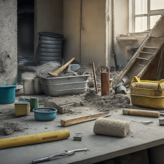 A cluttered construction site with various tools scattered around: a mix of trowels, jointers, and concrete finishing tools, with a partially built concrete wall in the background.