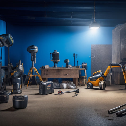 A clutter-free workshop background with a concrete mixer center stage, surrounded by seven power tools, each with a spotlight, including a drill, impact wrench, and grinder, with concrete mix bags and a level nearby.