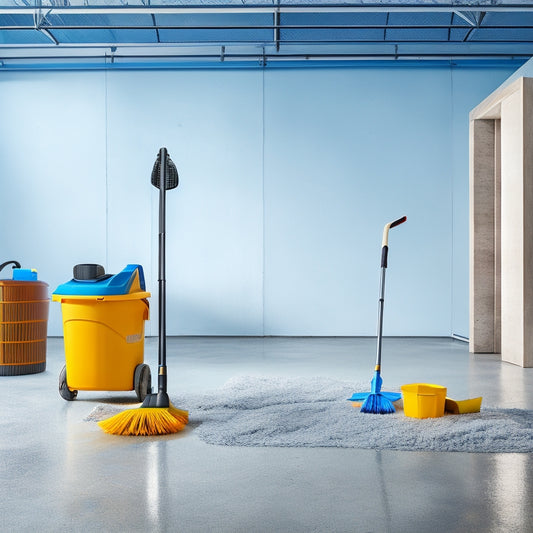 A clutter-free concrete floor with various cleaning tools scattered around, including a ride-on floor scrubber, mop buckets, extension handles, microfiber pads, and a wet vacuum, set against a bright, well-lit background.