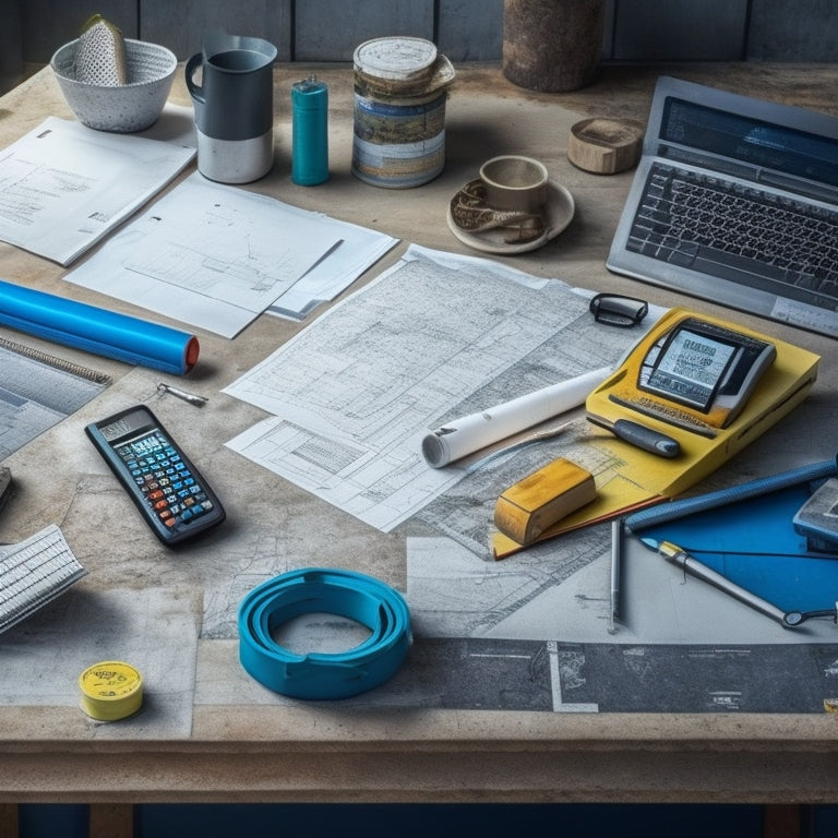 A cluttered construction office desk with a partially rolled-out blueprints, a calculator, a laptop, and various concrete estimation tools, including a level, a measuring tape, and a concrete sample.