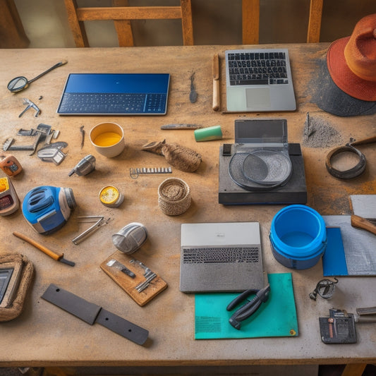 A cluttered workshop table with various concrete tools, including a trowel, edger, and mixer, surrounded by laptops and tablets with online shopping websites open, with a magnifying glass hovering over a product review.