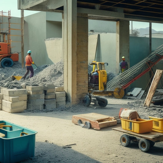 A cluttered construction site with a mix of concrete blocks, trowels, levels, spirit levels, safety goggles, and a wheelbarrow in the foreground, surrounded by scaffolding and a partially built wall.