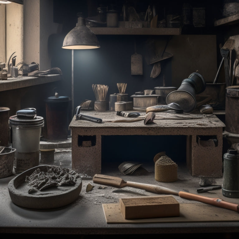 A cluttered workbench with various surface prep tools scattered around a partially prepped concrete block, including a wire brush, scraper, grinder, and broom, with dust and debris surrounding.