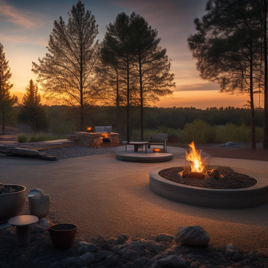 An outdoor setting at dusk with a glowing concrete fire pit surrounded by comfortable seating, a mix of trowels, levels, and safety gear scattered around, and a blurred background of trees and a sunset.