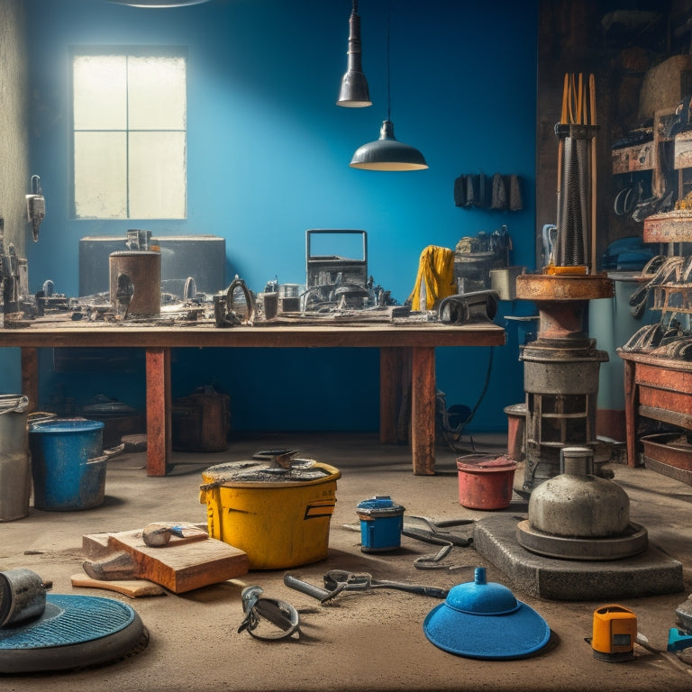 A cluttered workshop with a concrete floor, featuring a variety of tools and equipment, including a walk-behind grinder, handheld grinder, dust extractor, and concrete polishing pads, surrounded by dust masks and safety goggles.