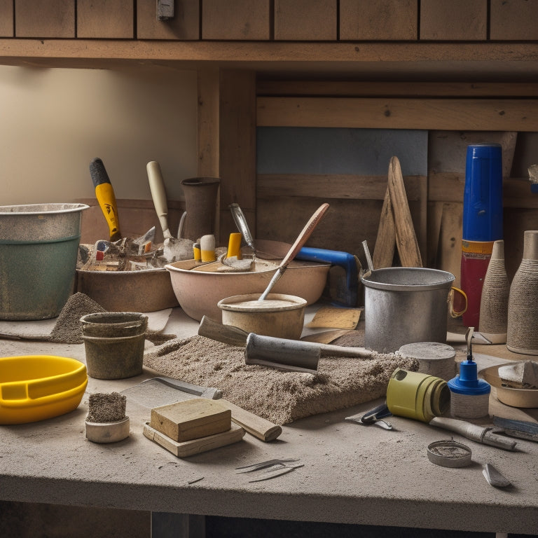 A cluttered construction site table with various tools scattered around a central bucket of concrete bonding adhesive, including a notched trowel, putty knife, and roller extension pole.