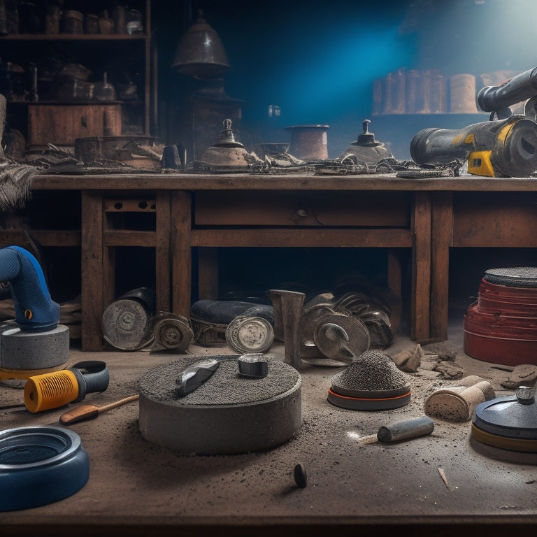 A cluttered workshop background with a variety of concrete grinding tools scattered across a workbench, including angle grinders, diamond blades, and polishing pads, with sparks flying from a grinder in use.