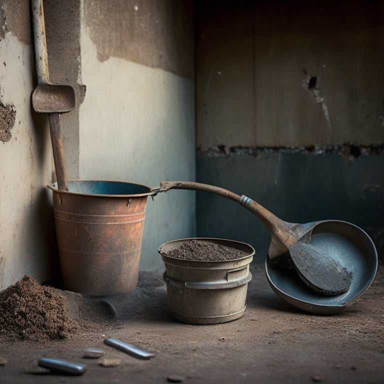 A worn, rusty trowel lies abandoned beside a crumbling concrete wall, while a nearby bucket overflows with an assortment of shiny, well-maintained tools, including a bull float and edger.