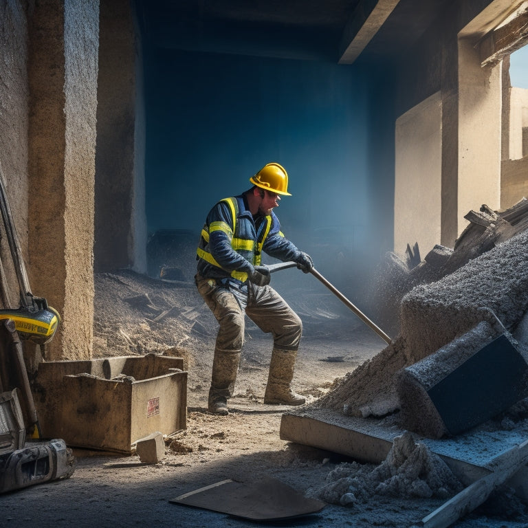 A dramatic, high-contrast image featuring a partially demolished concrete wall, with a sledgehammer and demolition saw lying nearby, surrounded by dust and debris, spotlighting a lone worker in a hard hat.