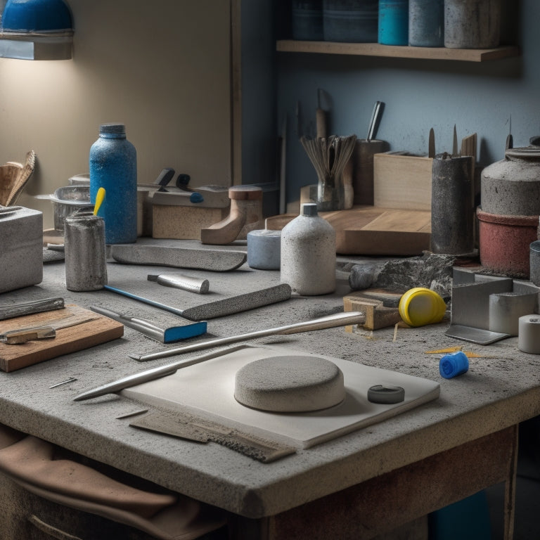 A cluttered workbench with various concrete bonding tools, including a scrub brush, notched trowel, and concrete bonding adhesive, surrounded by a half-completed concrete project with visible bonding areas.