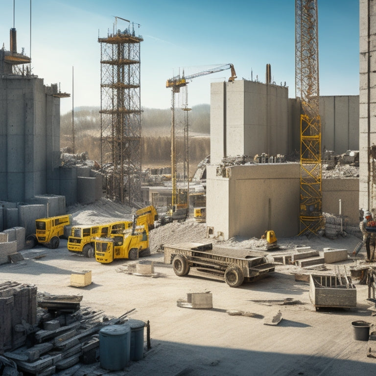 A cluttered construction site with various concrete blocks, a mix of manual tools like trowels, hammers, and levels, alongside mechanized equipment like block cutters, mixers, and pulleys, amidst a backdrop of half-built walls and scaffolding.