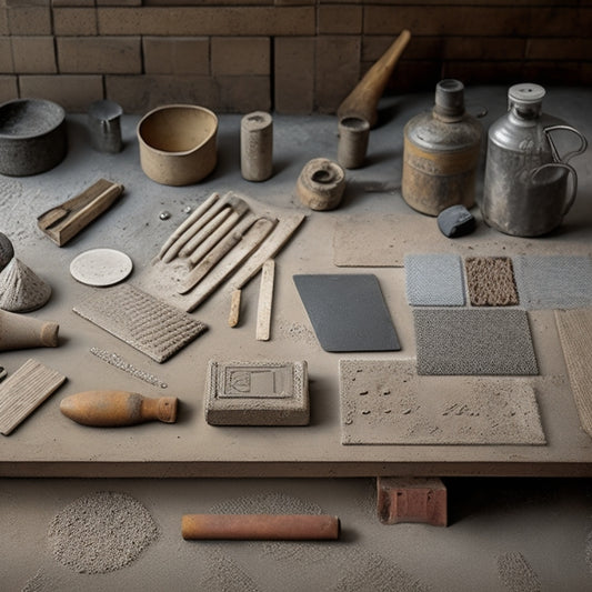 A photograph of a well-organized workshop with various stamped concrete tools laid out: tamping tools, stamp mats, and texture mats, with a few concrete slabs in the background showcasing different patterns.