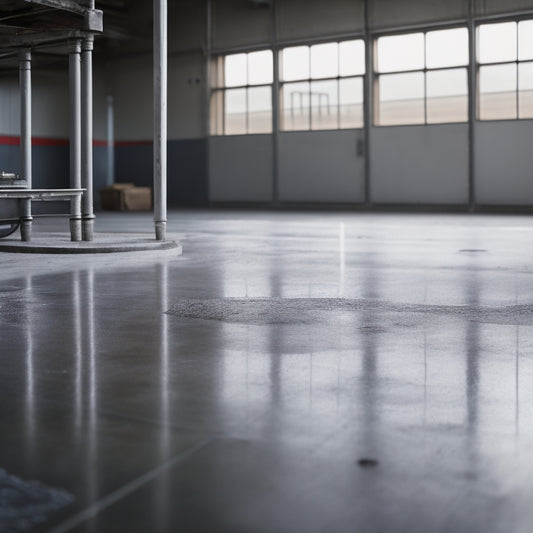 A concrete floor with a dull, cracked, and faded finish beside a adjacent floor with a glossy, smooth, and vibrant finish, with various concrete sealing tools scattered in the background.