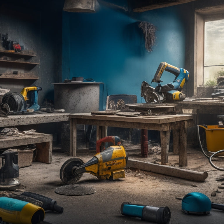 A messy workshop backdrop with various concrete cutting tools scattered around, including a circular saw, angle grinder, and diamond blade, surrounded by concrete dust and debris.