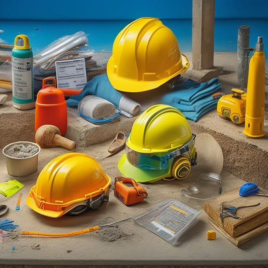 A clutter-free construction site with a concrete mixer, surrounded by essential safety tools: hard hats, safety goggles, earplugs, steel-toed boots, and a first aid kit, all arranged in an organized and visually appealing manner.