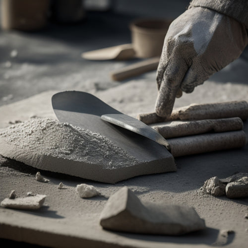 A close-up of a worker's hands holding a concrete scraper and a notched trowel, surrounded by fragments of broken concrete, with a faint background of a construction site.