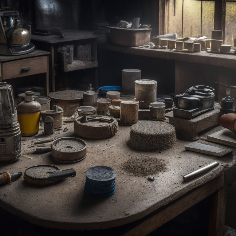 A cluttered workshop table with various buffing tools scattered across it, including a walk-behind floor grinder, hand grinder, and polishing pads of different grits, surrounded by concrete dust and debris.