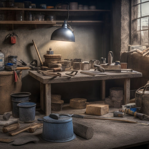 A cluttered workbench with various tools scattered about, including a drill, chisel, mixing bucket, and trowel, surrounded by bags of concrete mix and reinforcement materials, with a partially repaired concrete wall in the background.