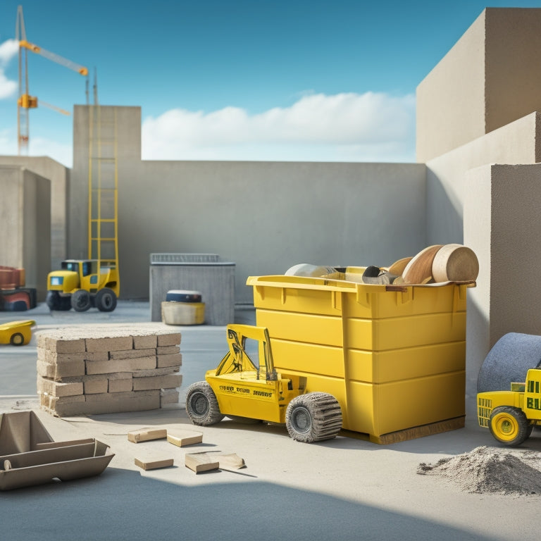 A clutter-free construction site with a mix of concrete blocks, a cement mixer, a spirit level, a trowel, safety goggles, and a wheelbarrow, arranged in a harmonious and organized manner.