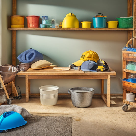 A clutter-free workspace with a mixing bucket, trowel, level, and safety goggles on a shelf, surrounded by bags of cement, aggregate, and a wheelbarrow in the background.